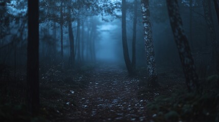 Dark path in the woods. A mysterious and scary spooky creature. A forest of pumpkins and a teddy bear in the forest. Dim trail lifestyle in the forest.
