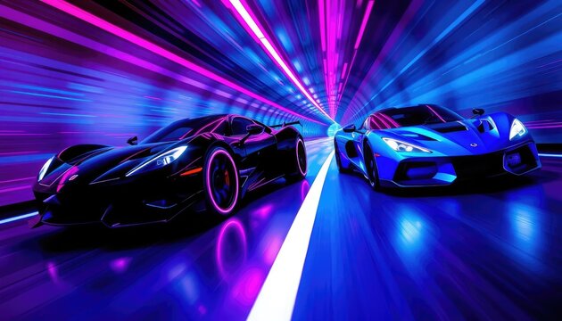 Neon sports cars speeding through a colorful tunnel - Powered by Adobe
