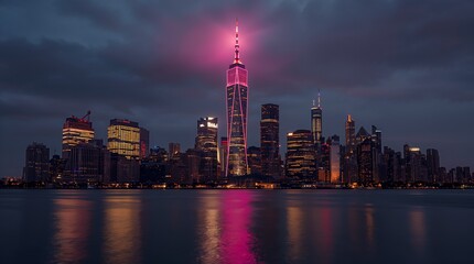Fototapeta premium City Skyline at Dusk with Skyscraper Illuminated in Pink Light Reflected on Water