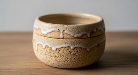 Close-up of textured ceramic bowl with dripping white glaze