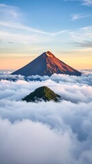 Volcanic peaks piercing a sea of clouds at sunrise