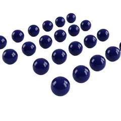 Numerous small, spherical deep indigo enamel drops, glossy and reflective, meticulously arranged in a precise grid on a transparent studio background, ultra-macro, high-quality. Concept of precise