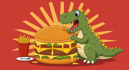 Obraz premium Hungry Dinosaur Devouring a Massive Burger