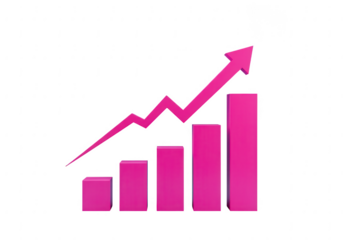 Pink bar graph with upward trending arrow indicating financial growth and success isolated on transparent background