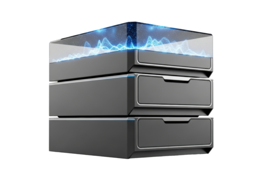 Three charcoal gray composite data modules stacked vertically, top one with glowing electric blue dynamic data visualizations on transparent seamless infinite background, concept of high-tech - Powered by Adobe