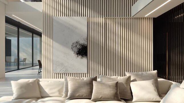 Modern living room scene transitions through elegant design elements, showcasing stylish furniture, ambient lighting, and a cozy atmosphere