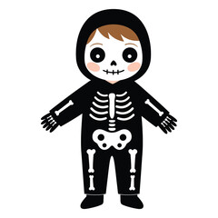 Boy in skeleton costume ready for Halloween trick or treating