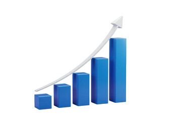 3d blue bar chart with upward trend arrow isolated on transparent background