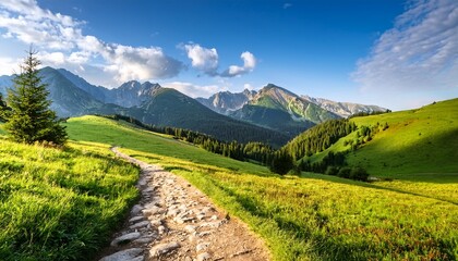 a scenic trail through green valleys with tatra mountains in background © Halee