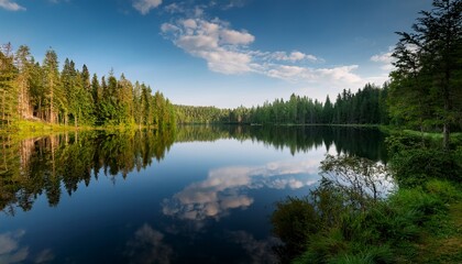 Fototapeta premium a forest serves as a backdrop for a calm lake that mirrors the sky creating a popular summer spot for those interested in nature tourism