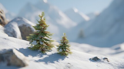 Two snow-dusted evergreens stand sentinel on a snowy mountain slope, bathed in soft sunlight against a backdrop of misty peaks.