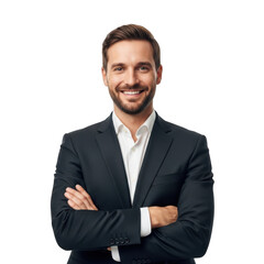 Confident businessman with folded arms smiling professionally in a sharp suit with a white shirt