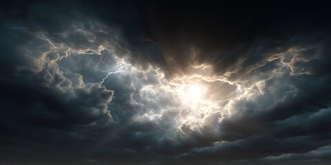 A stormy dark sky with black clouds and sparkling lightning from behind which the sun and direct sunlight are visible. 3d render.