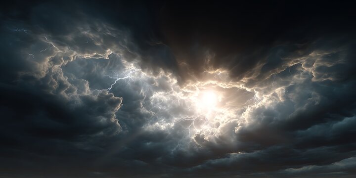 A stormy dark sky with black clouds and sparkling lightning from behind which the sun and direct sunlight are visible. 3d render. - Powered by Adobe