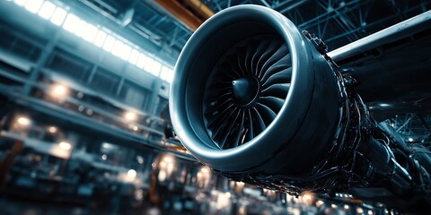 Airplane engine inside manufacturing factory setting.