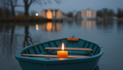 Single lit candle in a rowboat on calm water at dusk