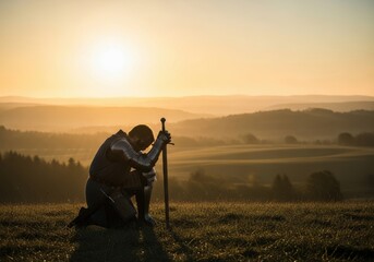 Medieval knight in armor kneeling with sword at sunset in a field symbolizing courage, faith, and honor