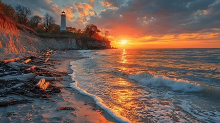 A lighthouse stands on a rocky cliff overlooking a serene ocean at sunset, with golden light reflecting on the water