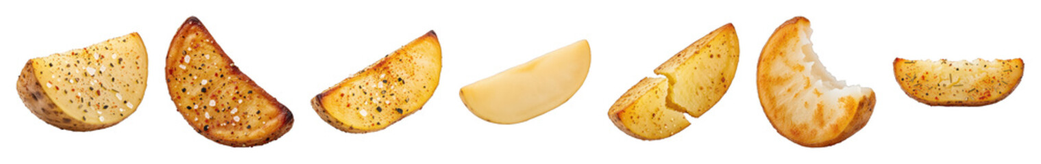 Potato wedge set including baked, fried, raw, seasoned, and broken variations isolated. Fast food and healthy snack collection.