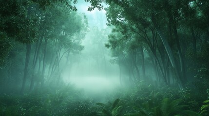 Fototapeta premium An image of foggy forest. Foggy panorama of the exotic jungle in the forest. A 3d illustration of a dark and natural landscape. A photo of a misty woodland lifestyle.