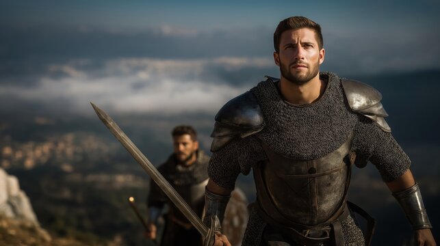 Jonathan climbs a cliff with his armor-bearer behind, showcasing courage, loyalty, and the steadfast spirit that overcomes daunting challenges.