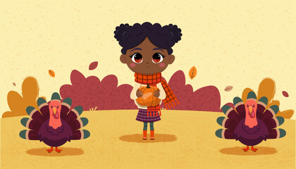 A black cute smiley girl wearing a scarf, skirt and wellington boots is holding a pumpkin. Cozy flat cartoon thanksgiving scene. Autumn landscape.
