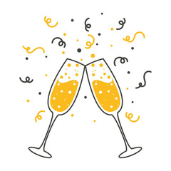 Two champagne glasses clink. Serpentine and confetti around. Line and silhouette.