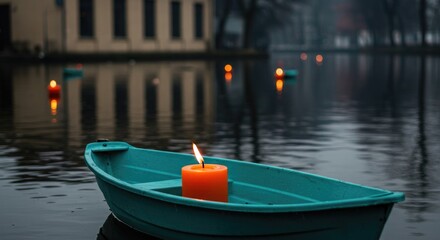 Fototapeta premium Teal rowboat with orange candle floating on water image