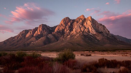 Dramatic mountain range at sunset, with a captivating blend of warm pinks and oranges, and light-colored rock formations.
