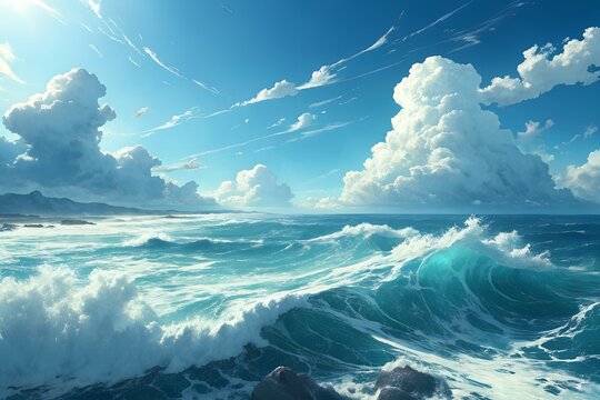 Turbulent ocean waves under a dramatic sky with cumulus clouds - Powered by Adobe