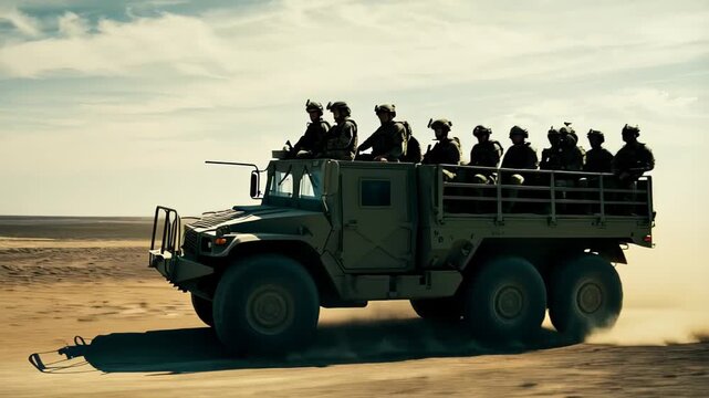 Military tactical vehicle traversing arid terrain with uniformed soldiers, showcasing deployment mission amid sandy desert landscape during bright daylight conditions