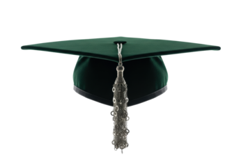 Whimsical deep forest green velvet academic cap with ornate silver tassel, isolated on transparent background, soft lighting and bokeh. Concept of intellectual curiosity and artistic exploration