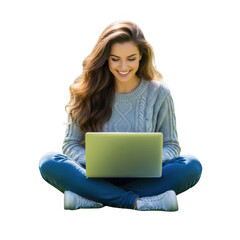 Naklejka premium Young woman smiling happily while sitting cross-legged outdoors working on a laptop computer