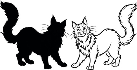 Vector illustration of cat Maine Coon silhouette on a white background with a thinking pose.