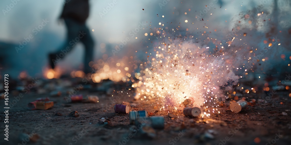 Wall mural fireworks malfunction: a dramatic close-up captures the chaotic aftermath of a firework exploding pr