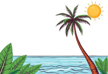 Obraz premium Minimalist hand-drawn summer background with coconut tree, sun, sea, tropical leaves, and ocean Ideal for wall decor, summer vibes, interior