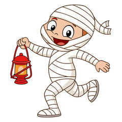 Cute Cartoon Mummy Boy with Lantern Halloween Vector Illustration