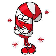 Bright glossy candy cane mascot with shadows and highlights. Festive Xmas and New Year vector design for holiday branding and party decorations