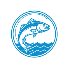 Blue Fish Jumping Above Waves Inside a Circle Fishing, Water, Nature & Logo Concept