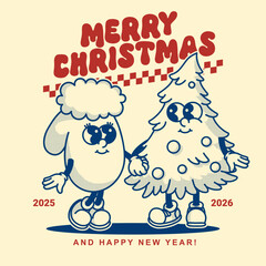 Cozy Christmas card design with tree ornaments and mitten mascot. Vintage contour style with dot shadows and holiday lettering