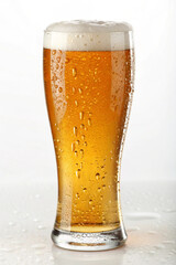 A tall glass of cold beer with a frothy head and condensation