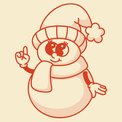Snowman mascot pointing up contour vector design for expert holiday recommendations