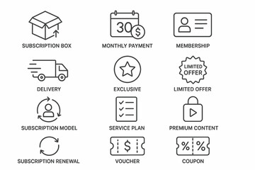 A set of vector icons for subscription services, including delivery, monthly payment, exclusive content, vouchers, and coupons