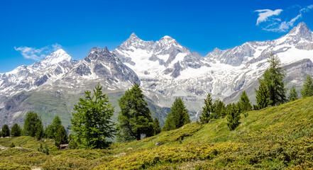 Naklejka premium View of peak range from Mountain Lodge Ze Seewjinut, Switzerland