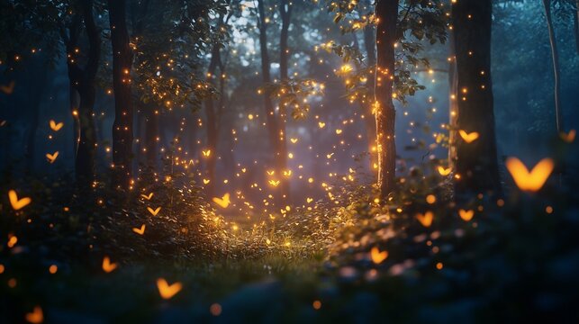 Fireflies in the dark forest wallpaper. A magical forest with a mystical buddhist temple. A glowing light in the night. Wallpaper featuring fireflies in a lifestyle dark forest. - Powered by Adobe
