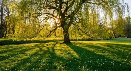Fototapeta premium Beautiful Morning Sunlight Shines Through a Lush Green Tree