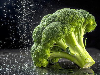 Fresh Green Broccoli Crown with Water Droplets on a Black Background
