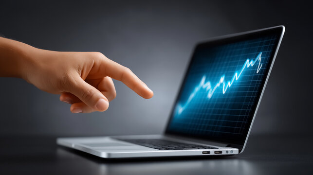 Finger gestures towards laptop screen showing digital graph with upward trend. Modern workspace setting with sleek design and focus on technology. Concept of analytics, business growth, finance