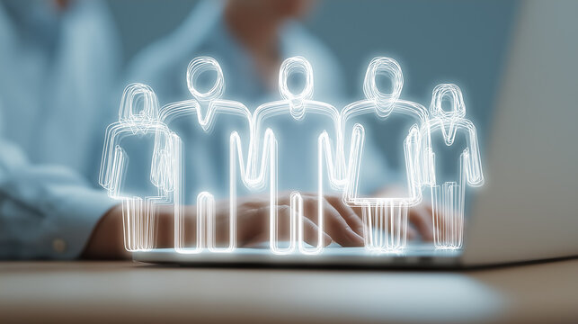 Holographic outlines of diverse people are displayed above a laptop. Bright office environment showcases digital innovations. Concept of technology, teamwork, business development