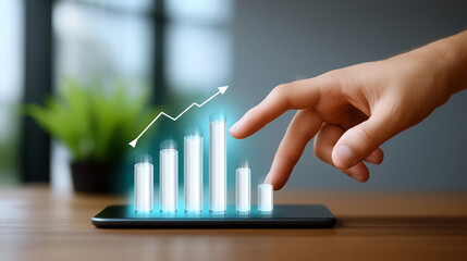 Hand moves to touch smartphone screen displaying glowing bar chart. Modern office environment with plants in background. Concept of technology, finance, data analysis